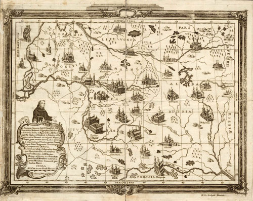 Bernardinų vienuolynų LDK žemėlapis, raižė H. Leybowiczius Nesvyžiuje apie 1760 m. (Lietuvos nacionalinis muziejus, Arsenalo g. 1, LT-2001, Vilnius).